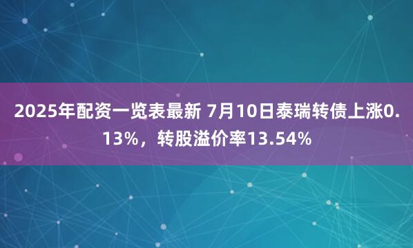2025年配资一览表最新 7月10日泰瑞转债上涨0.13%，转股溢价率13.54%